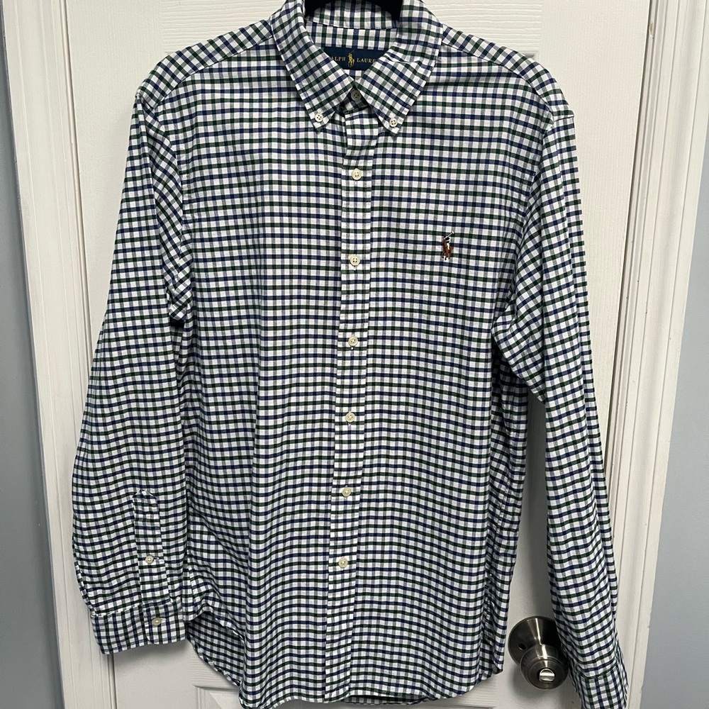 Ralph Lauren Button Down Shirt Green Blue Flesh Pony Men's MEDIUM Gingham Check